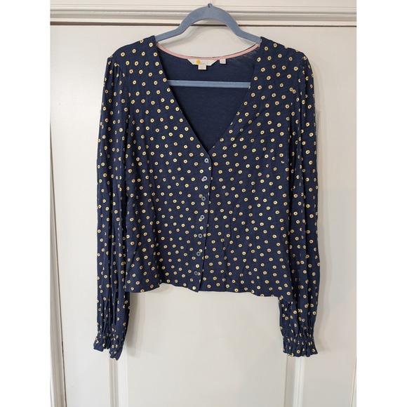 Boden Tops - Boden Foil Floral Dot Cotton Cardigan Top V-Neck US 8 navy blue lightweight